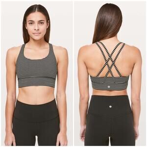 Lululemon Energy Bra Long Line Mod Stripe Black White Size 10 Sport Bra Gym Yoga